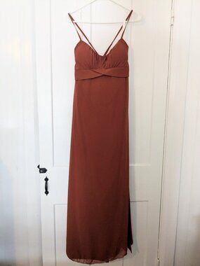 Maternity Dress: Azazie Llana A-Line Chiffon Floor-Length Dress in Auburn